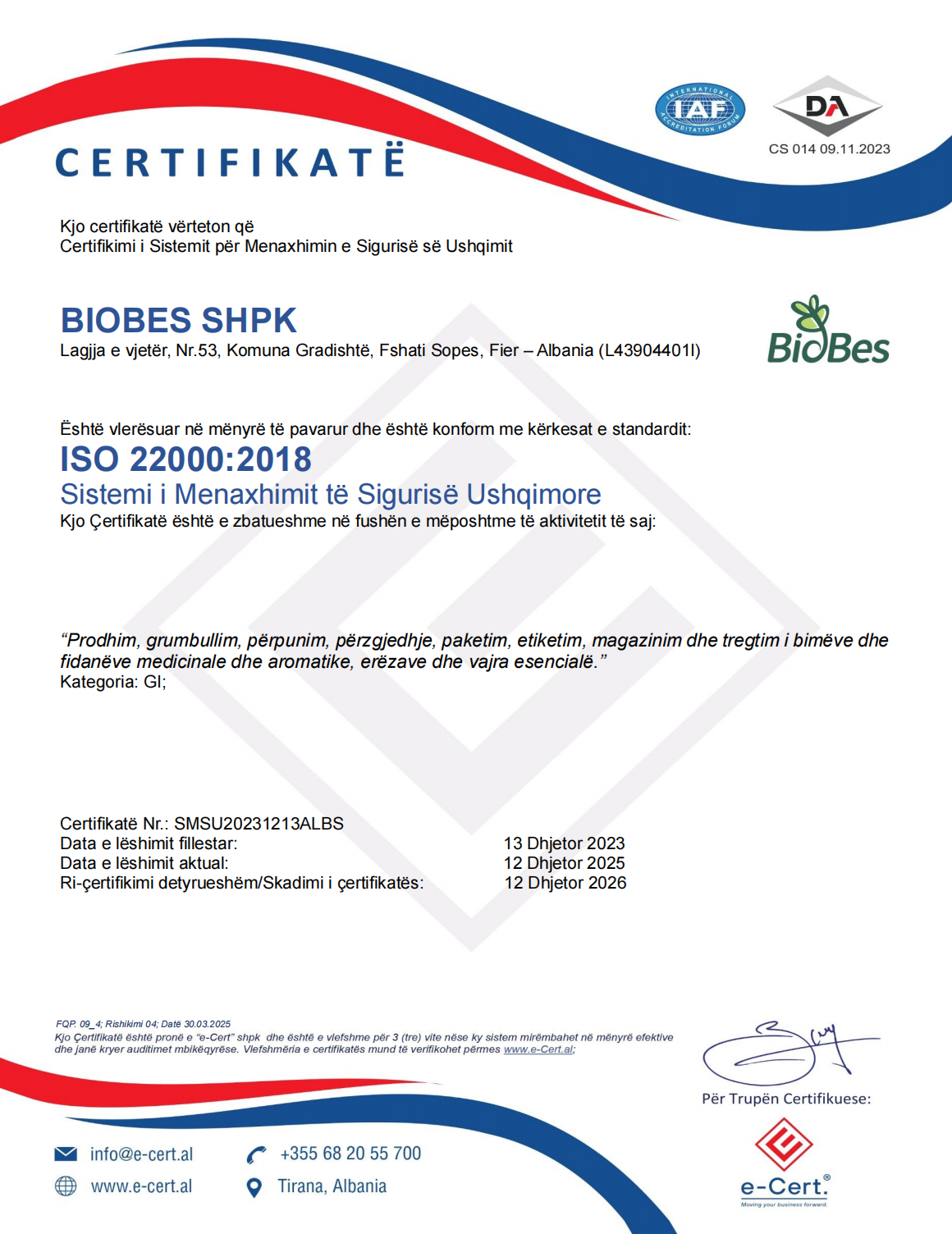Food Quality Certificate