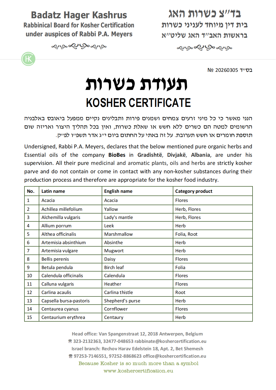 Kosher Certificate