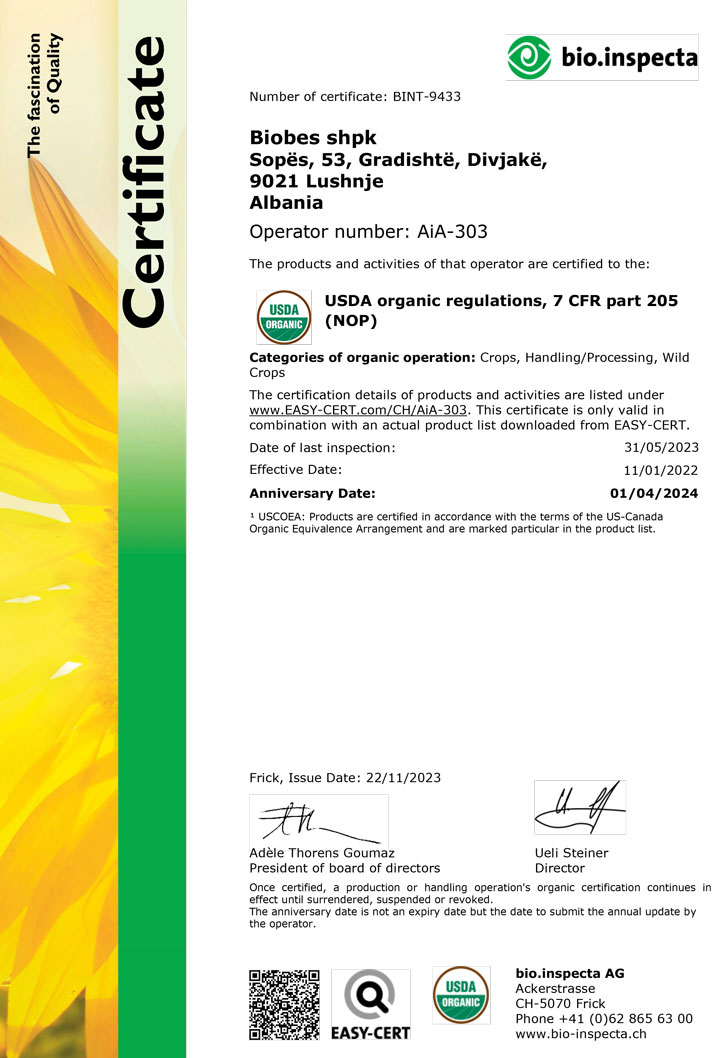 NOP BioInspecta Certificate